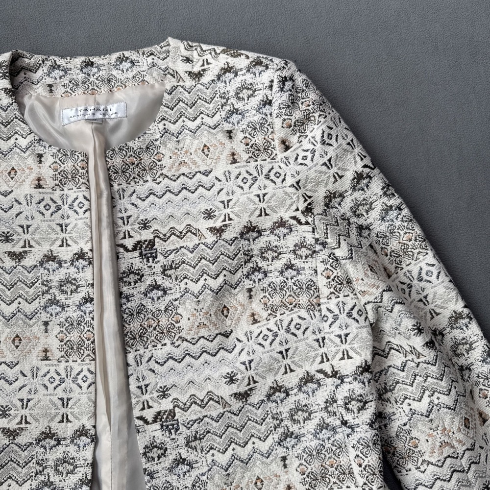 Tahari Arthur Levine Jacket Womens 12 Cream Multicolor‎ Textured Lined Cropped - Picture 4 of 16